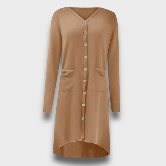 EARTHY BOHO HIPPIE MOD BOUTIQUE VNECK HIGH LOW RIBBED DRESS TAN M - Picture 1 of 8